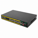 UltraPoE PoE-7018B 16-port Gigabit PoE switch front-right view on pure white background