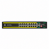 UltraPoE PoE-7018B front panel with 16 PoE ports two Gigabit uplinks and SFP on pure white background