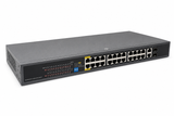 UltraPoE PoE-7026 24-port Gigabit PoE+ switch front-left view on pure white background