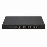 UltraPoE PoE-7026 24-port Gigabit PoE+ switch front view with dual SFP ports on pure white background