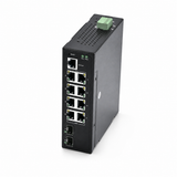 UltraPoE PoE-7210-8I industrial PoE switch front-right view with dual SFP uplinks on pure white background