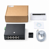UltraPoE PoE-7210-8I package contents with industrial switch, DIN-rail bracket, console cable, manual and software disc on pure white background