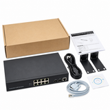 UltraPoE PoE-7210-8P managed PoE+ switch package contents and rack-mount accessories on pure white background