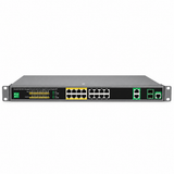 UltraPoE POE-7218 front panel with sixteen Gigabit PoE ports, combo uplinks and console port on pure white background