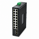 UltraPoE PoE-7218F-16I industrial PoE switch angled view with green terminal block on pure white background