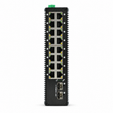 UltraPoE PoE-7218F-16I managed industrial switch front view with sixteen Gigabit PoE ports and two SFP uplinks on pure white background