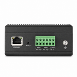 UltraPoE PoE-7218F-16I console port and green redundant power and alarm terminal block on pure white background