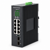 POE-7310-8I fanless finned metal enclosure and DIN rail mounting view