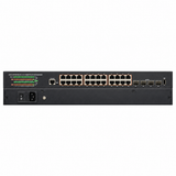 UltraPoE POE-7328-24T front and rear panels showing 24 PoE ports and four 10G SFP+ uplinks on pure white background