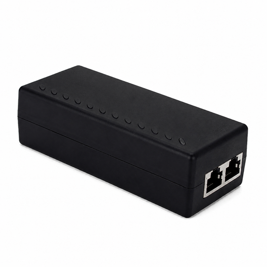 UltraPoE POE-M911-N 30W Gigabit PoE injector with data input and PoE output RJ45 ports on pure white background