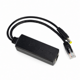 UltraPoE PoE-S901 12V splitter showing RJ45 male plug, yellow-tip DC barrel plug and housing on pure white background