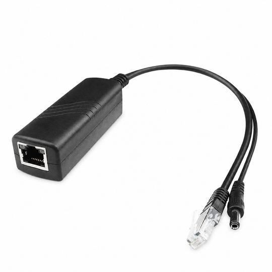 UltraPoE PoE-S901-5V active PoE splitter with RJ45 data output and 5V DC power connector on pure white background