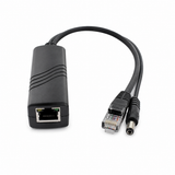 UltraPoE PoE-S901-5V IEEE 802.3af splitter showing RJ45 input, RJ45 output and DC barrel connector on pure white background