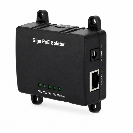 UltraPoE PoE-S911-30 30W gigabit PoE splitter showing RJ45 data output and DC power output on pure white background