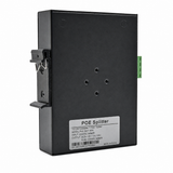 UltraPoE PoE-S931-90W industrial PoE splitter rear view with DIN-rail mounting clip and specification label on pure white