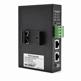 UltraPoE PoE-S931-90W splitter with four-pin DC terminal, RJ45 interfaces and DIN-rail bracket on pure white