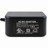 12V DC 2A adapter rating label showing 100 to 240V AC input and center-positive polarity