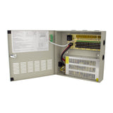 UltraPoE PS-DC20A18UPC open power box showing 18 protected CCTV output channels