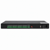 UltraPoE PS-DC20A18VAR rear panel with green 18-channel terminals, DVR outputs and AC input
