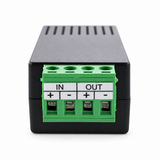 UltraPoE PS-DD1000 green four-position IN OUT screw terminal and polarity detail