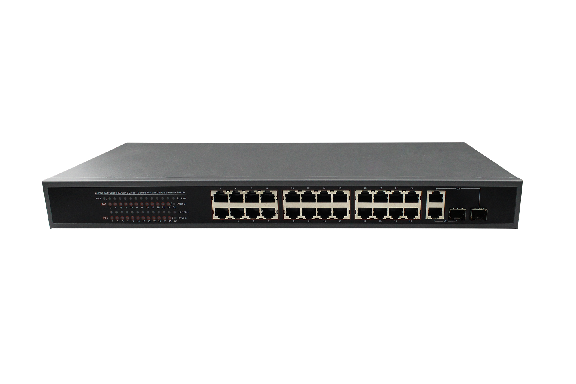 24 Port Fast Ethernet POE Switch with 24 RJ-45 10/100M Ports + 2 1000M  Combo Port (RJ-45/SFP) Uplink